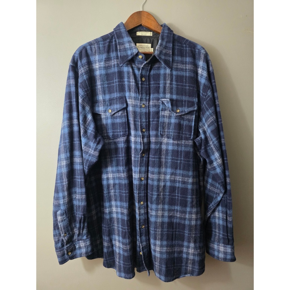 Pendleton Outdoor Shirt Mens 2XL Long Blue Plaid 100% Washable Wool Button Up